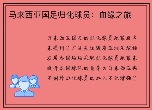 马来西亚国足归化球员：血缘之旅