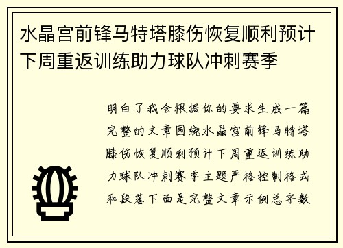 水晶宫前锋马特塔膝伤恢复顺利预计下周重返训练助力球队冲刺赛季 水晶宫前锋马特塔膝伤恢复顺利预计下周重返训练助力球队冲刺赛季